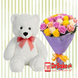 Teddy Bear & Colorful Roses bouquet